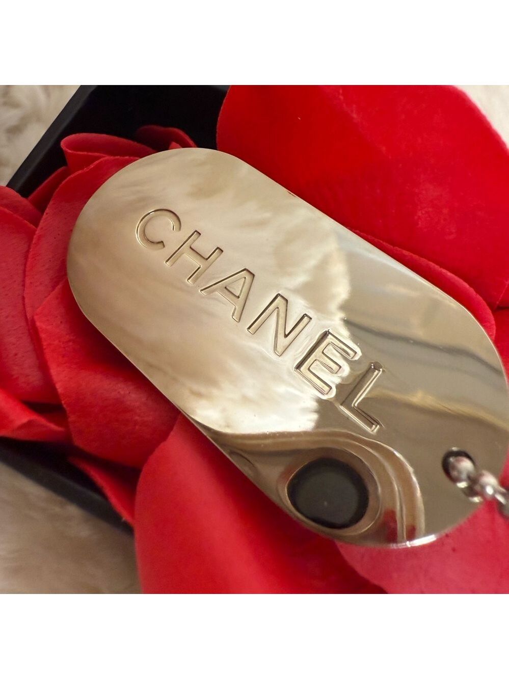 CHANEL STRIPED DOG TAG KEY RING